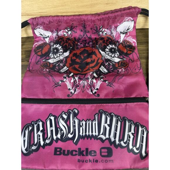 Buckle Y2K Crash and Burn Drawstring Pink Backpack Cinch Sack Gym Bag - Picture 3 of 5